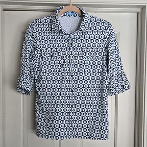 J McLaughlin Button Down 3/4 Sleeve Geometric Print Stretch Shirt Size Small